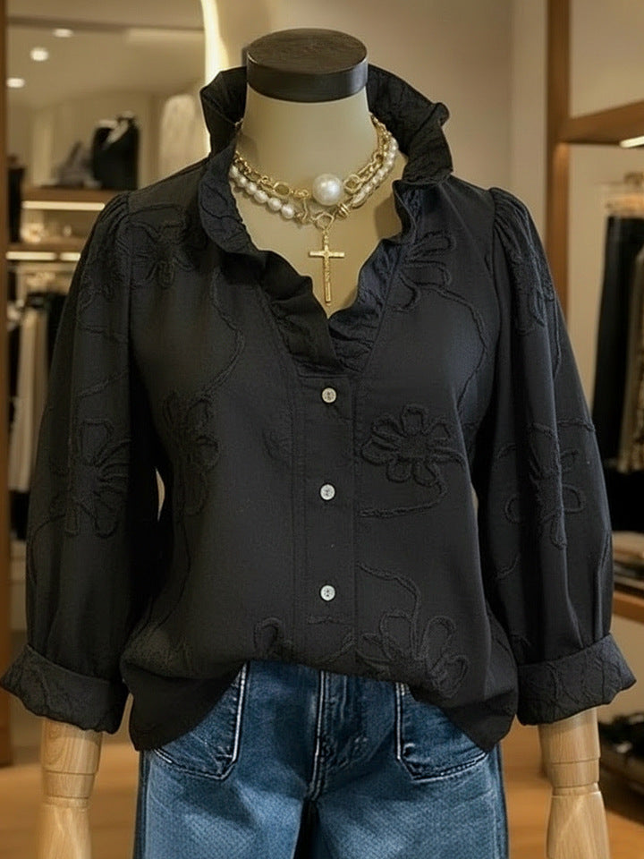 Lace-embroidered Cotton-linen Sweet Blouse 