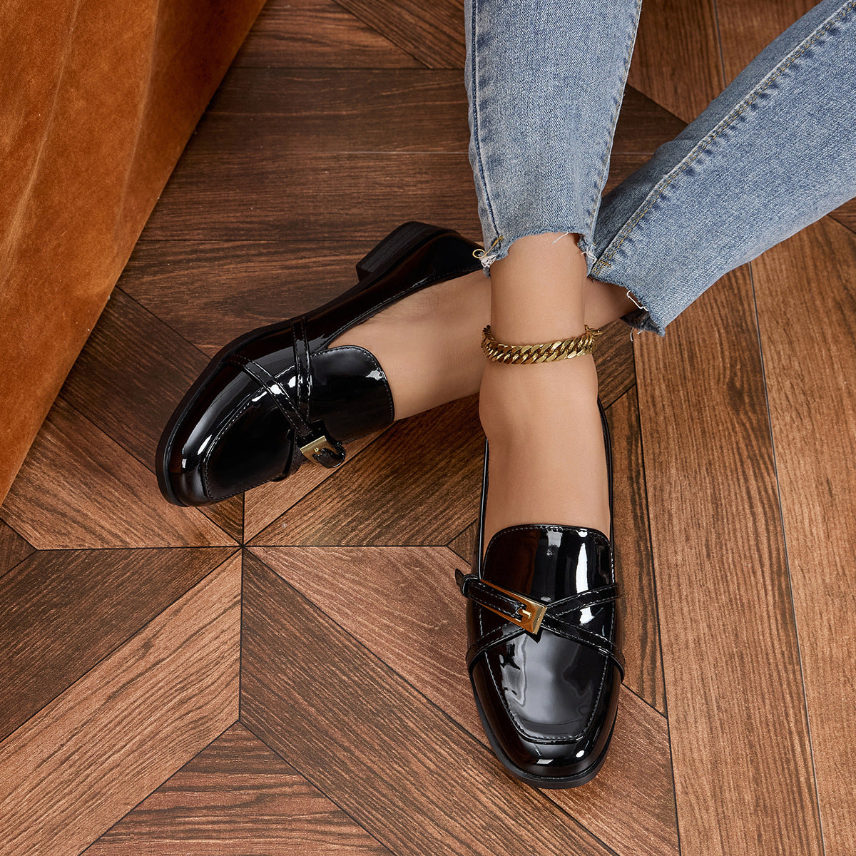 Casual All-Match Patent Leather Square Toe Leather Shoes CJ