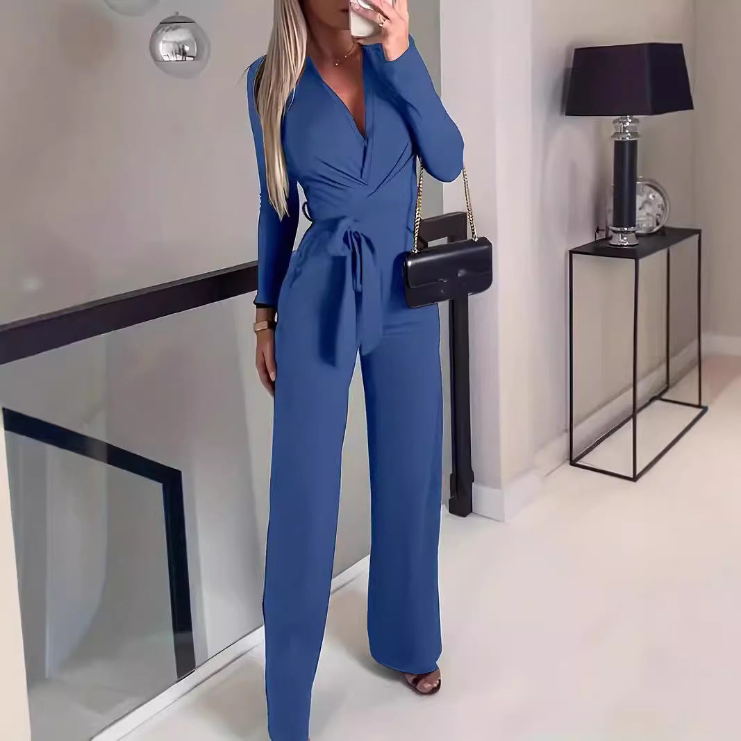 Ladies' Fashionable Slim Fit Sexy V-neck Long Sleeved Slimming Jumpsuit 