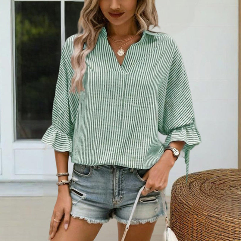 Women’s Striped V‑Neck Blouse with Ruffled Cuffs & Tie‑Back Slit CJ US