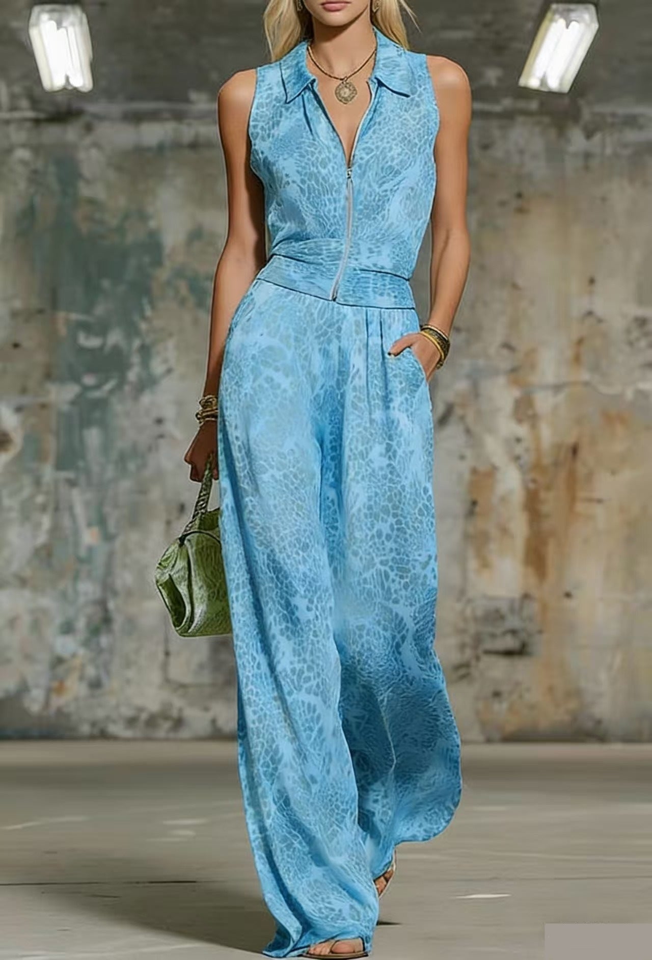 Printed Zip-up Sleeveless Jumpsuit 