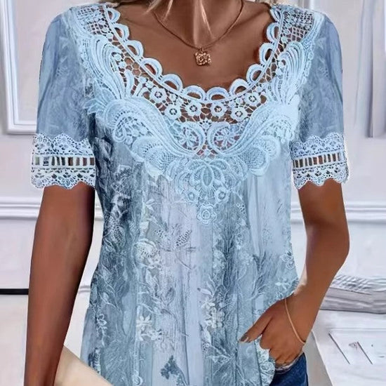 Women's Lace-Patchwork Crew-Neck Short-Sleeve T-Shirt 