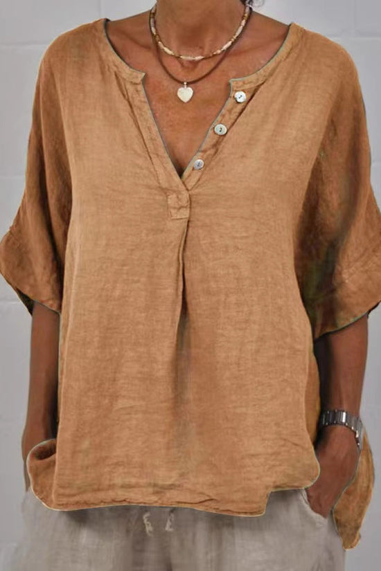 Cotton-linen Solid-color Door-cuff V-neck Button-up Shirt 
