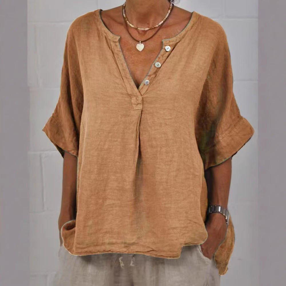 Cotton-linen Solid-color Door-cuff V-neck Button-up Shirt 