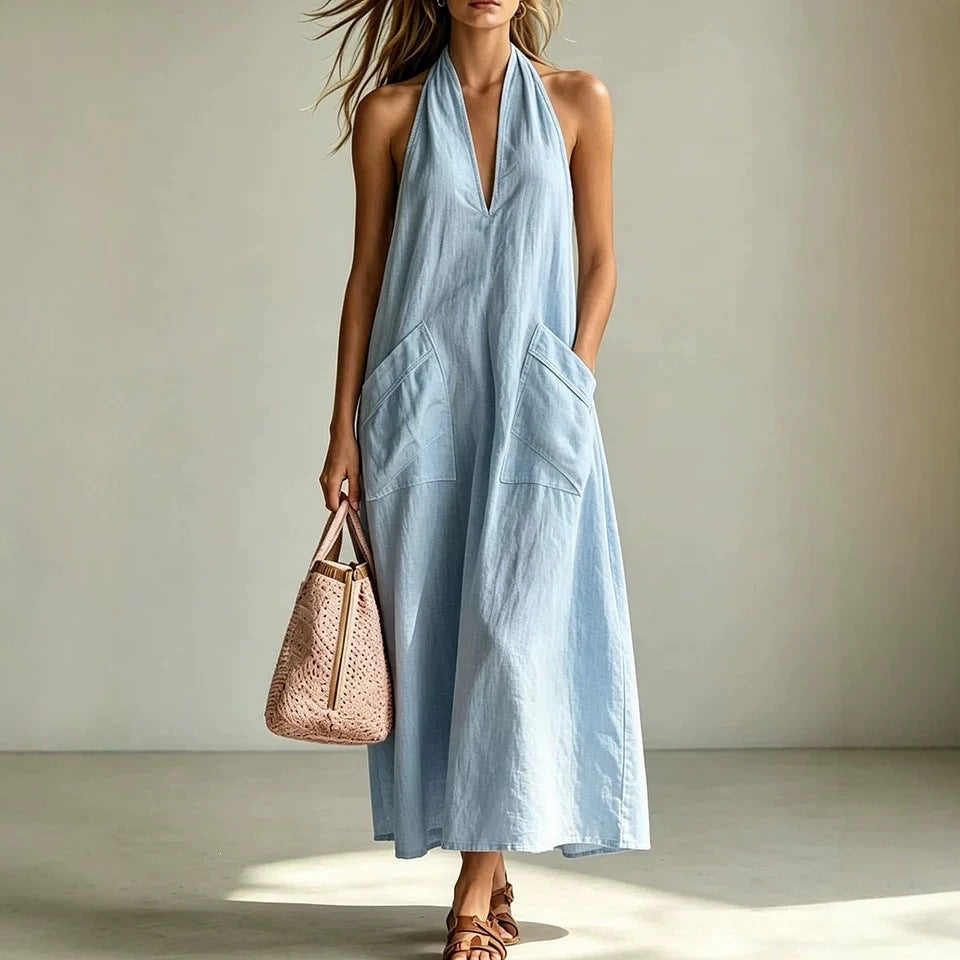 Cotton Halterneck Sleeveless Deep V-Neck Loose Straight-Line Dress 