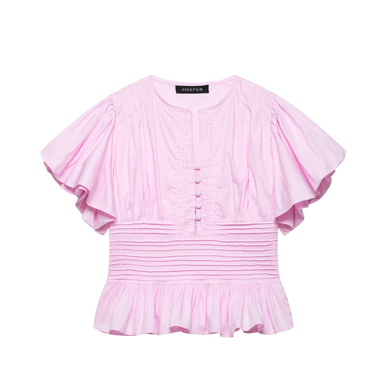 Ruffle-trimmed Puff-sleeve Blouse Top 