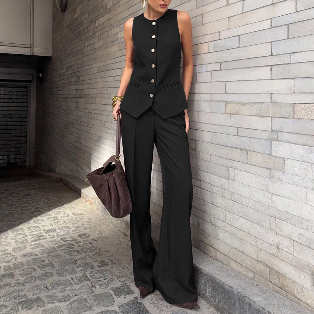 Elegant Commuter Vest And Wide-Leg Pants Two-Piece Set 