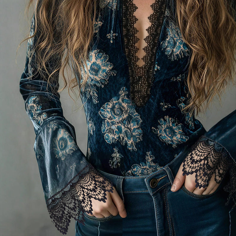 Women's Retro Lace Panel Blouse Elegant V-Neck Print Bell Long Sleeve Top For Spring Autumn Daily Wear 