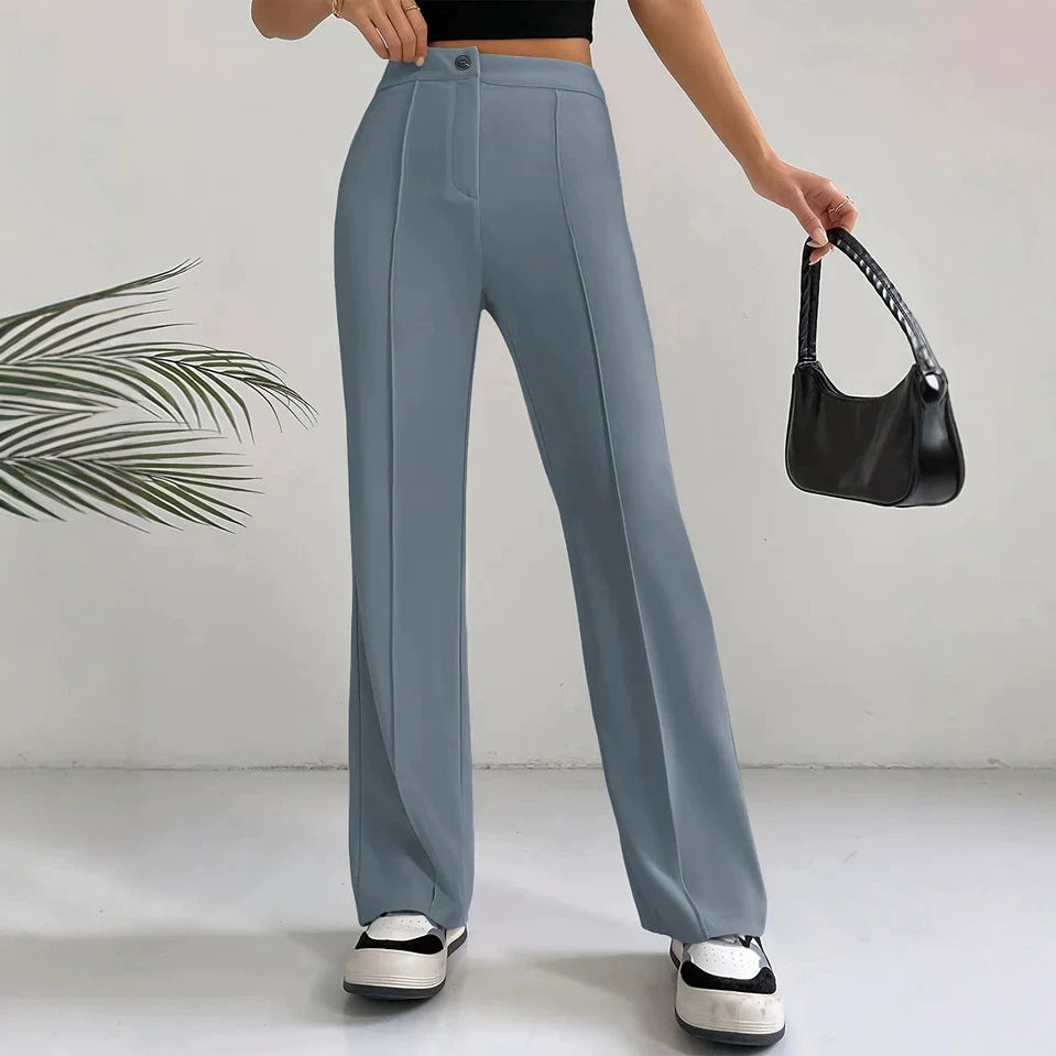 Womens Straight Flare Pants With High-Waisted Stitching Details 