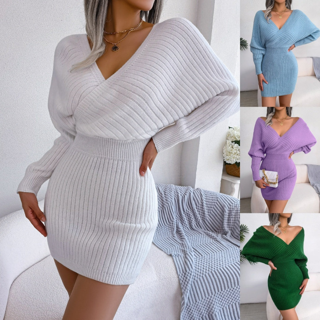 2025 Autumn-Winter Sexy Cross V-neck Bat Skirt With Hip Wrapping, Hairy Dress CJ US