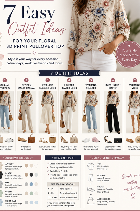 Women's Floral 3D Print Pullover Top – Loose Fit Elegant Casual S to 3XL