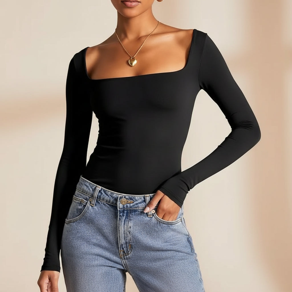 Square Neck Milk Silk Pullover Long Sleeves 