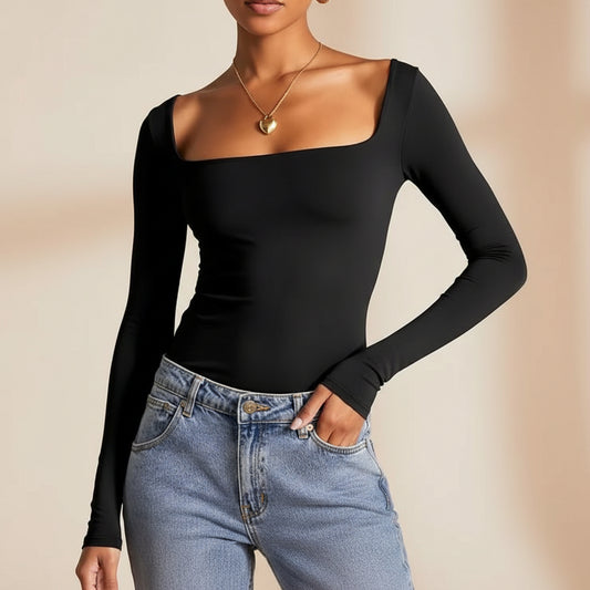 Square Neck Milk Silk Pullover Long Sleeves 