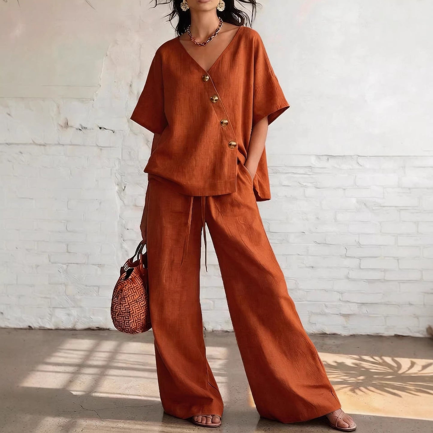 Casual Vacation Loose Cotton-Linen V-Neck Wide-Leg Pants Two-Piece Set 
