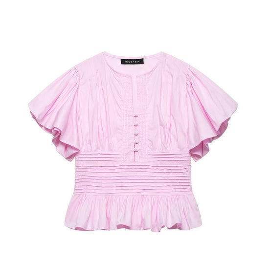 Ruffle-trimmed Puff-sleeve Blouse Top 