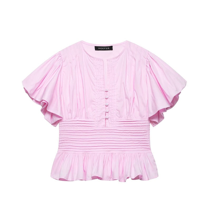 Ruffle-trimmed Puff-sleeve Blouse Top 