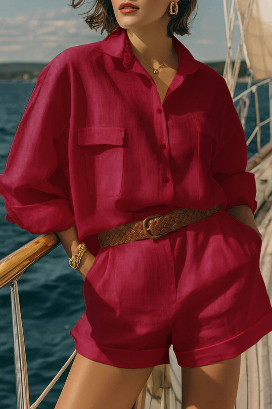 Cotton-linen Loose-fit Button-down Shirt And Shorts Fashion Casual Set 