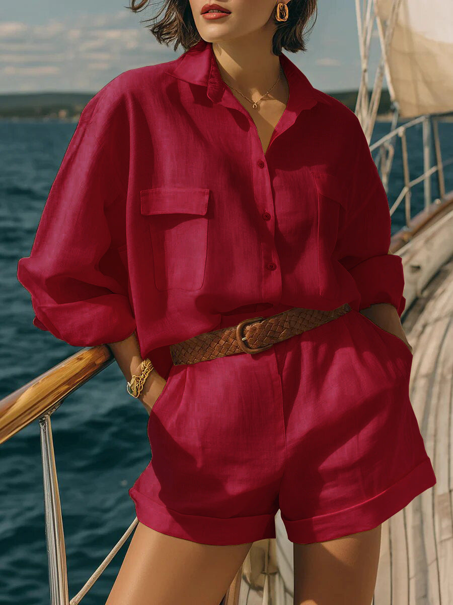 Cotton-linen Loose-fit Button-down Shirt And Shorts Fashion Casual Set 