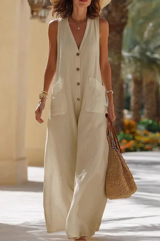 Simple And Comfortable Cotton-Linen Sleeveless Wide-Leg Jumpsuit With Button Pockets 