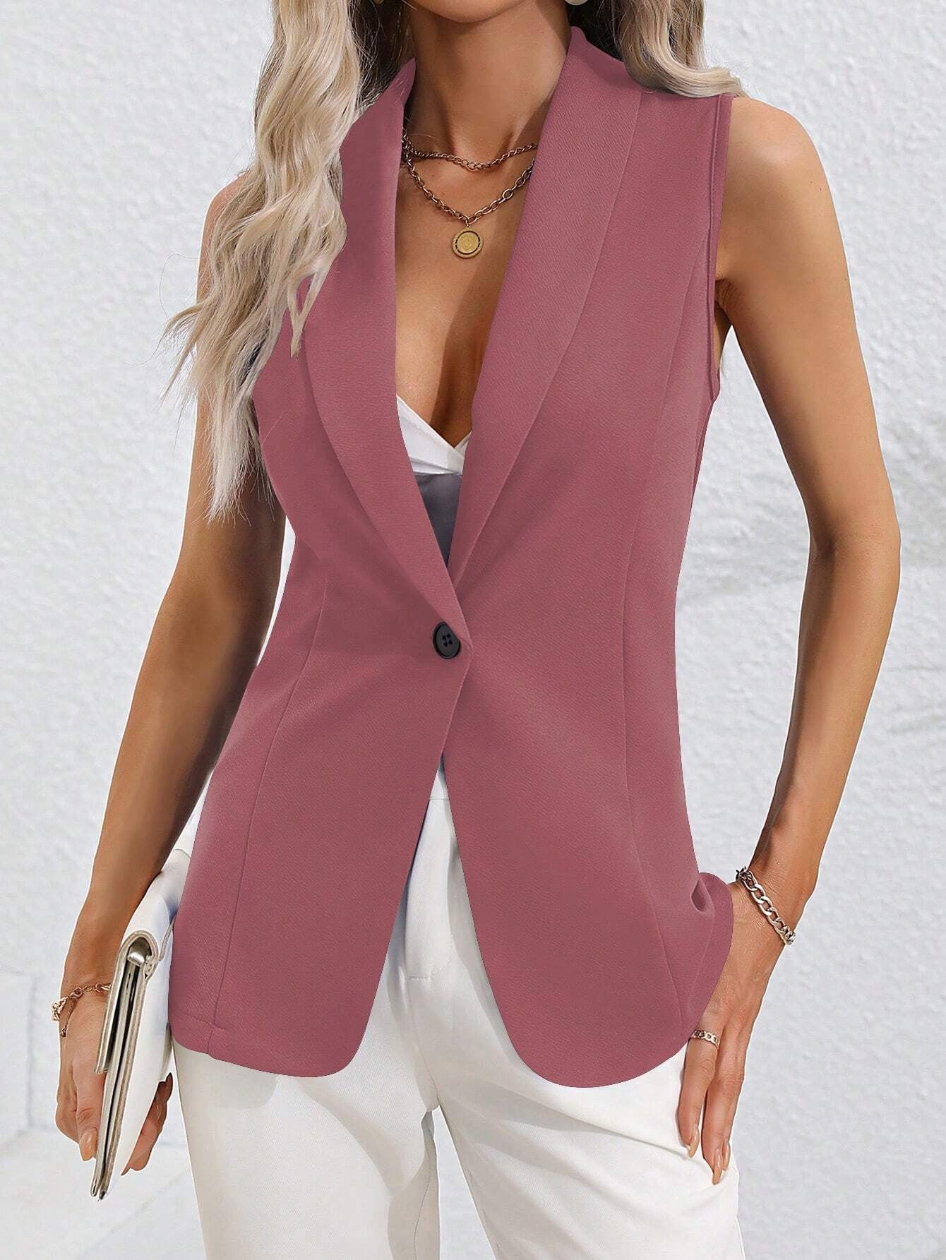 Cardigan Single Button Jacket Sleeveless Round Neck 