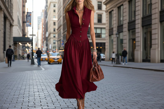 Elegant, Sophisticated Long Sleeveless Dress With A Lapel Collar 