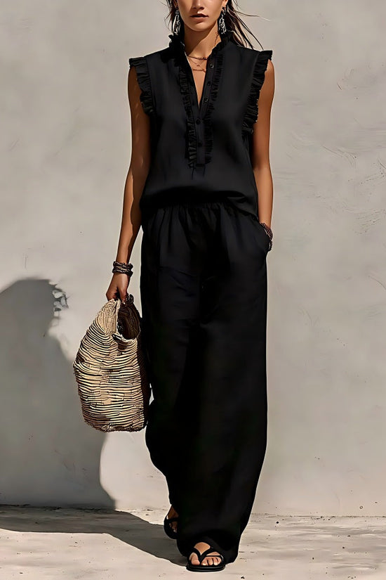 Sleeveless Ruffled V-neck Top And Elastic-waist Wide-leg Pants 