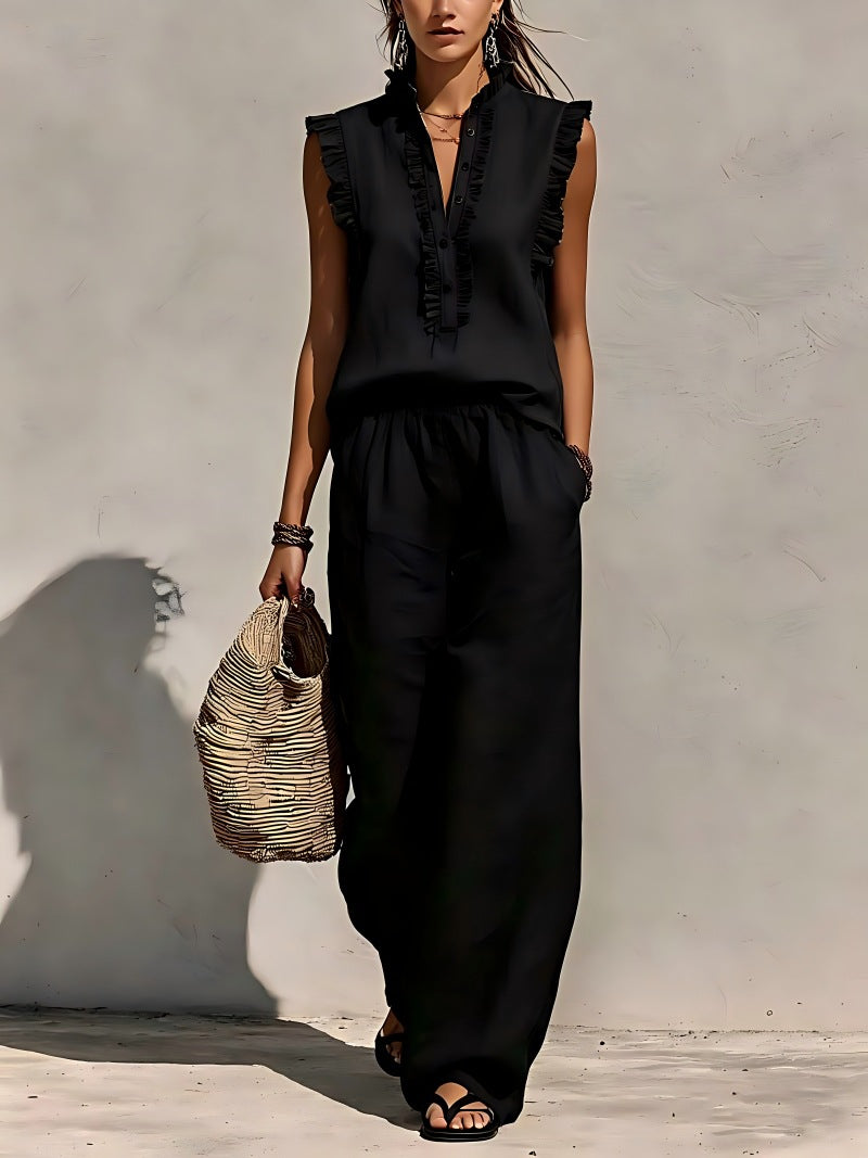 Sleeveless Ruffled V-neck Top And Elastic-waist Wide-leg Pants 