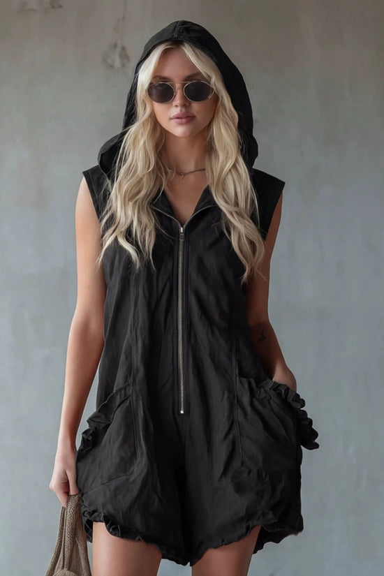 Retro-style Hooded Zip-up Sleeveless Cropped Cotton-linen Jumpsuit 