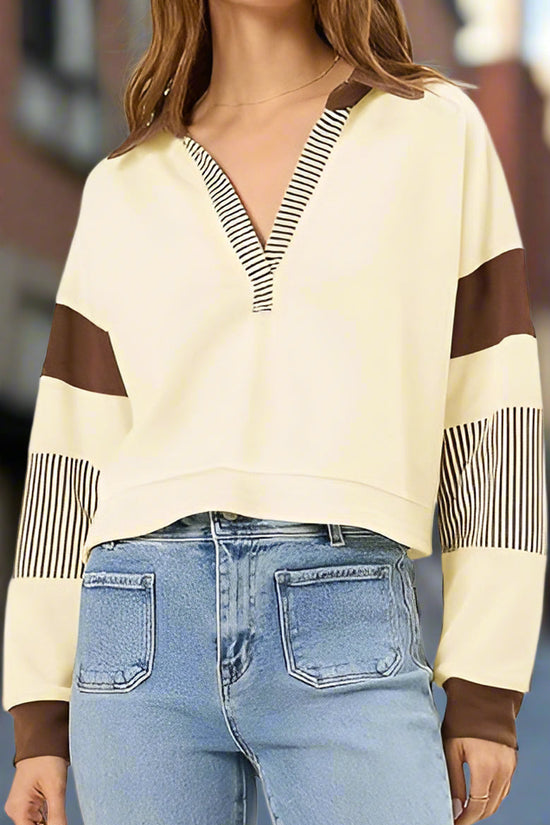 Color‑Block Cropped Polo V‑Neck Sweatshirt CJ US