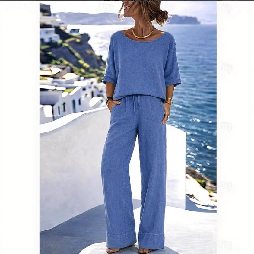 Cotton-Linen Minimalist Elegant Resort Short-Sleeve Pants Set 