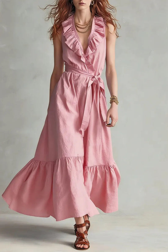 V-neck Sleeveless Lace-Up Panelled Dress 