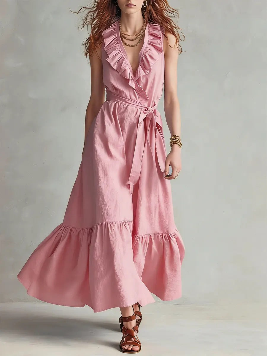 V-neck Sleeveless Lace-Up Panelled Dress 