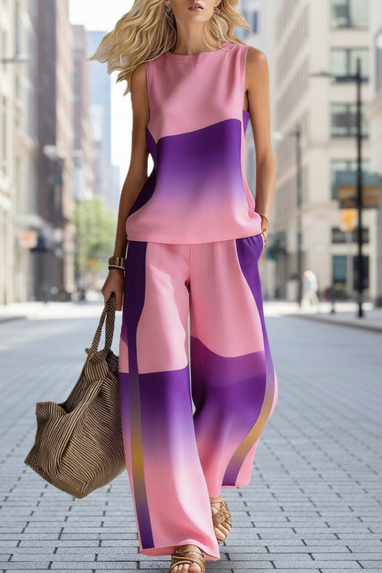 Women's Casual Sleeveless Printed Wide-Leg Pants Two-Piece Set 