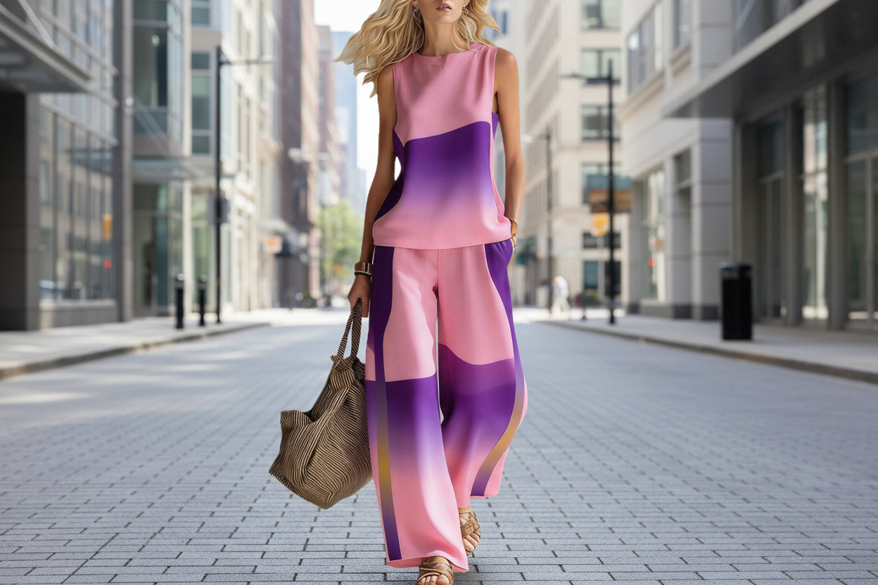 Women's Casual Sleeveless Printed Wide-Leg Pants Two-Piece Set 
