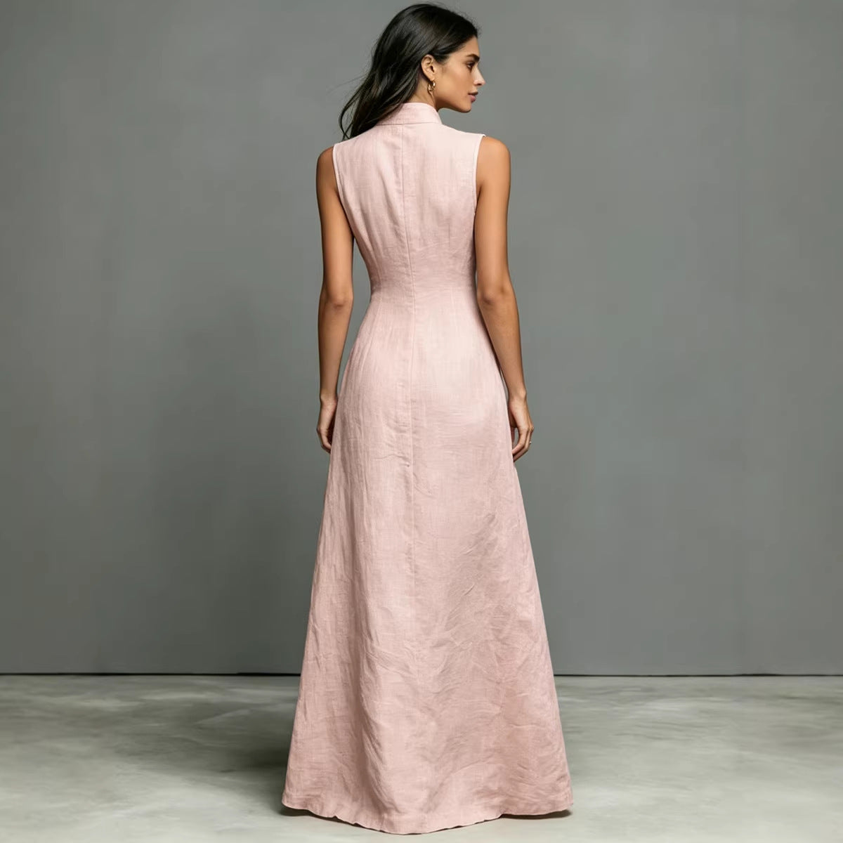 Blended Fabric Stand-up Collar Single-breasted Sleeveless Maxi Dress 