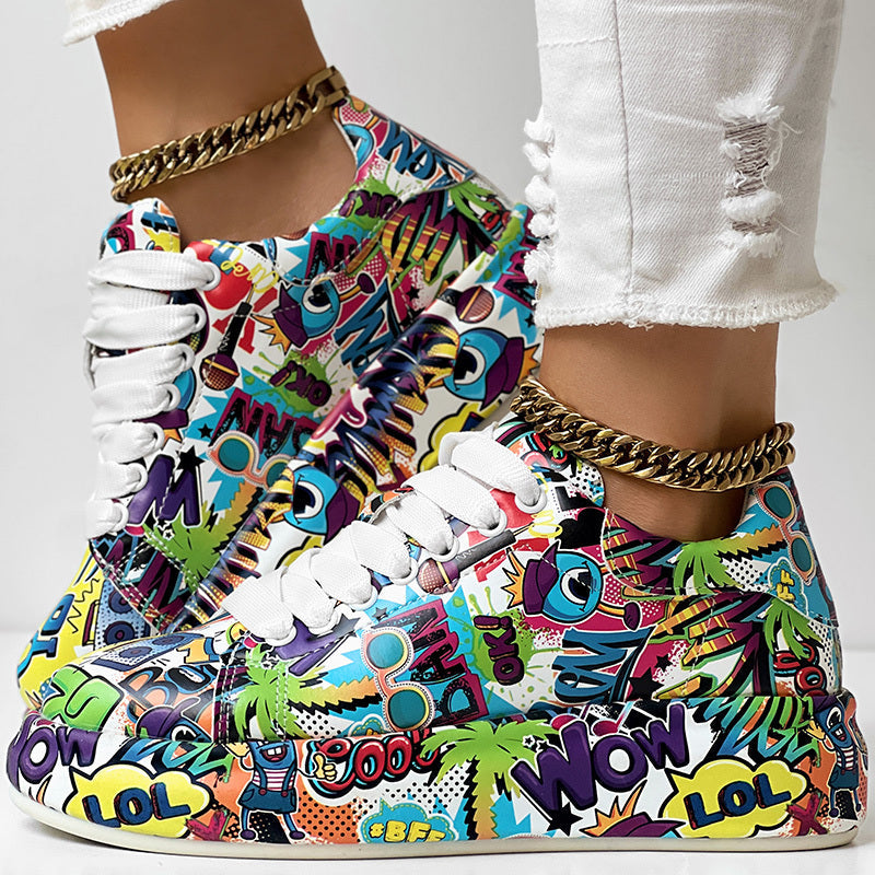 Women's Casual Round Toe Thick Sole Lace-Up Sneakers, Random Print Design, Comfortable Sporty Shoes For Daily Wear CJ US