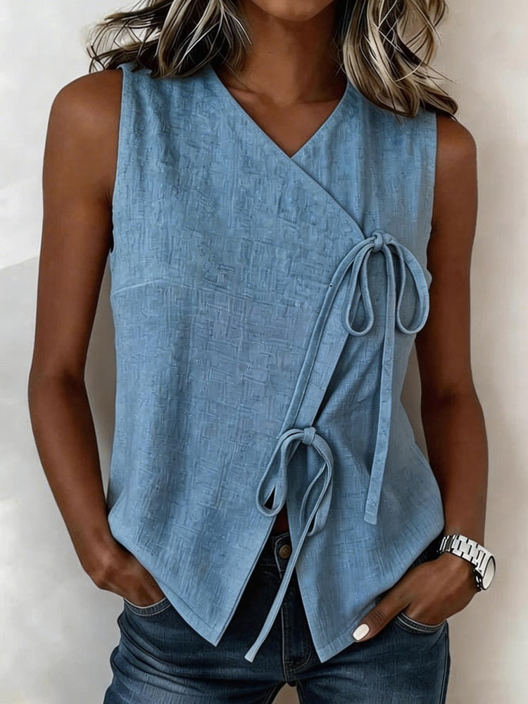 Womens Bow-Tied V-Neck Top Sleeveless Tank Top 