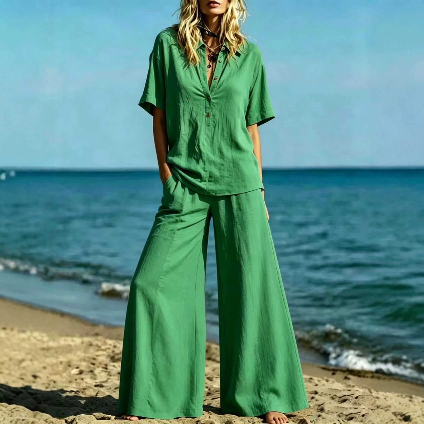 Button-down Shirt And Wide-leg Pants Two-piece Set For Women 