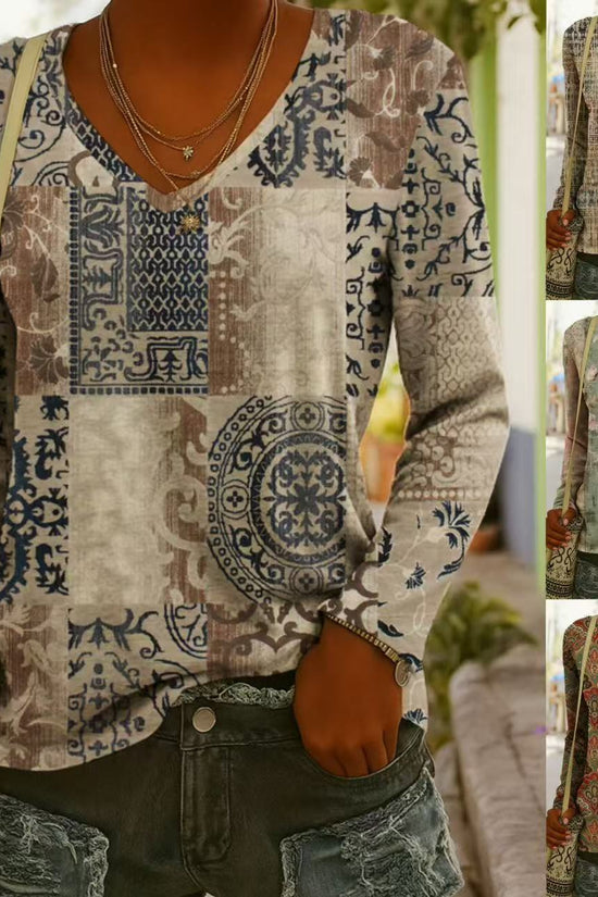Fashionable Ethnic-Style Printed V-Neck Long-Sleeve T-Shirt 