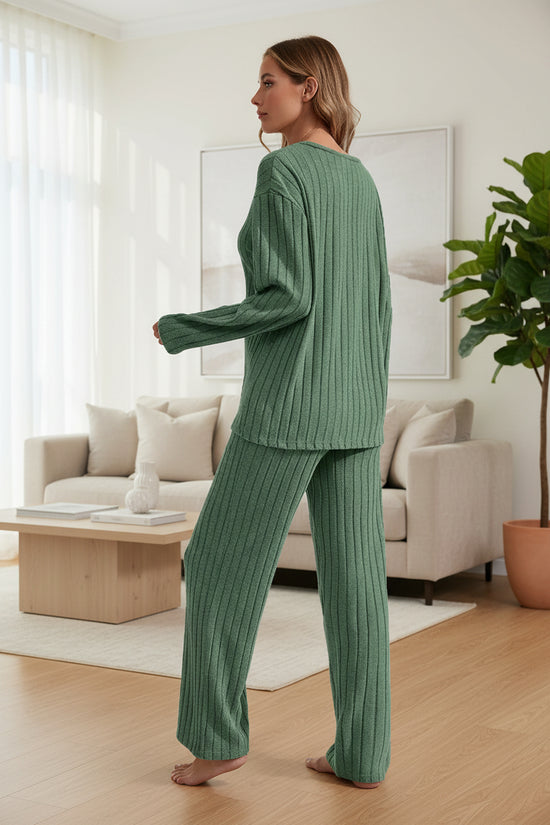 Ribbed Long-Sleeve Top And Pants Casual Comfortable Womens Loungewear Set 