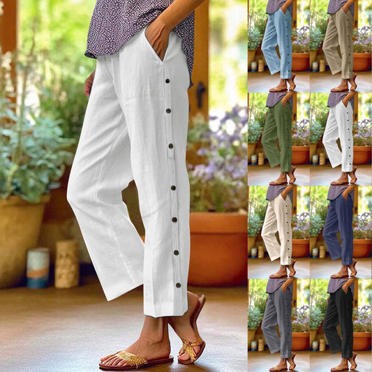 Cropped Pants With Decorative Buttons Along The Side Seams 
