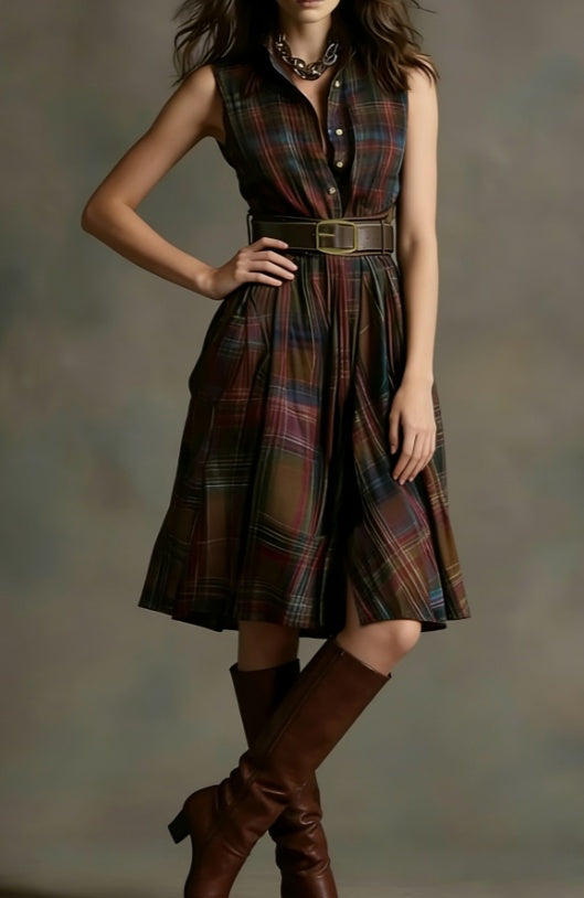 Plaid Collared Sleeveless Fitted Waist Dress 