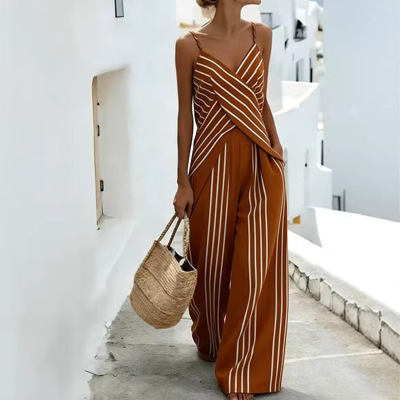 Striped Casual Womens V-Neck Sleeveless Set 