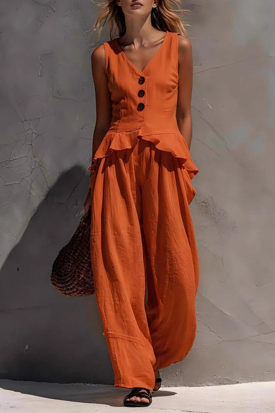 Sleeveless V-neck Ruffled Tank Top Draping Wide-leg Pants Two-piece Set 