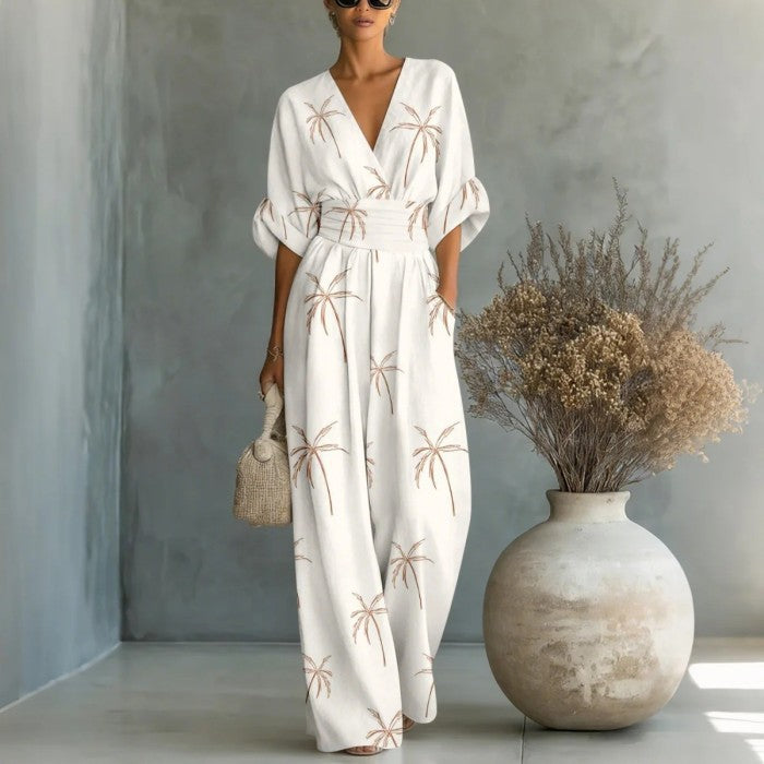 Waist-cinched V-neck Printed Womens Jumpsuit 