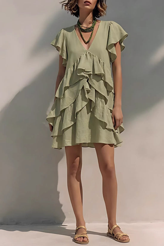 Women's V-Neck Ruffled-Edge Short-Sleeve Casual Loose Dress 
