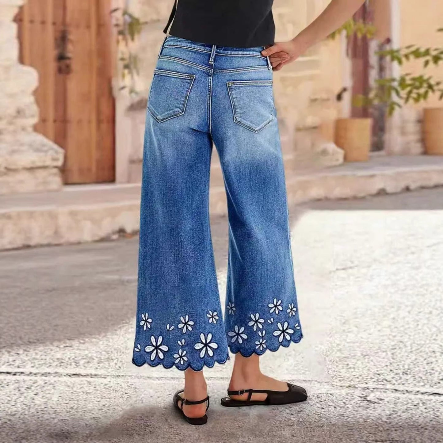 Chrysanthemum Embroidered Casual Stretch Womens Cropped Denim Jeans 