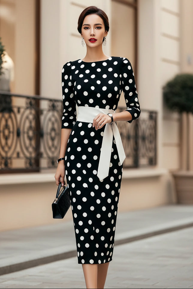 Retro Polka-dot Navy Blue Belted Waist-hugging Elegant Dress 