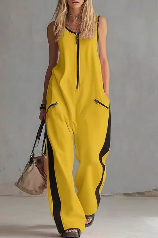 Zip-up Crewneck Sleeveless Casual Cotton Wide-leg Jumpsuit 