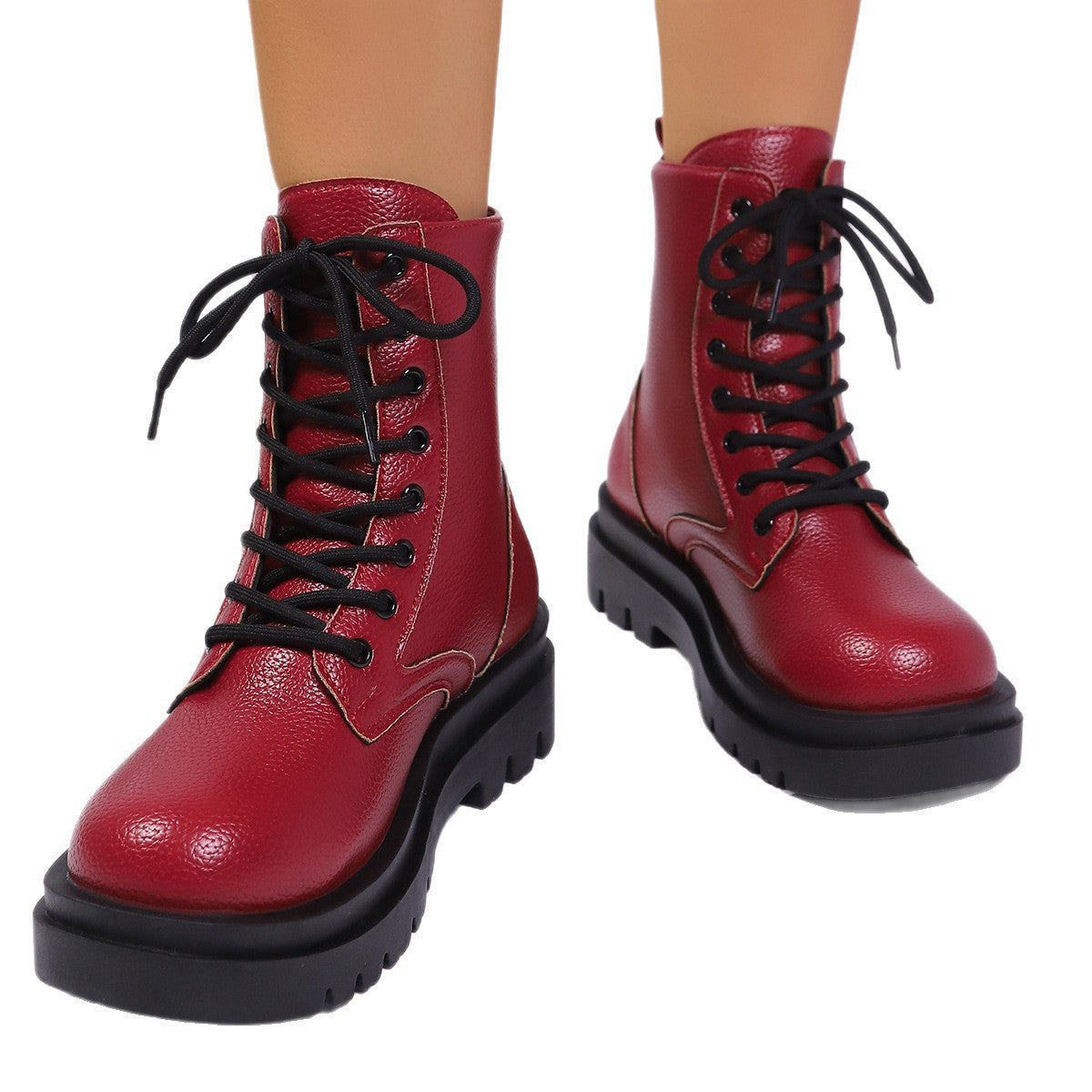 Women's Round-toe Plus-size Lace-up Chunky-sole Ankle Boots 